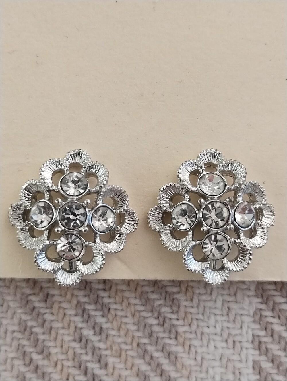 Vintage Sarah Coventry Silver-Tone Clip-On Earrings With Clear Rhinestones